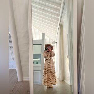 MANGO one shoulder polka dot maxi dress in cream and brown